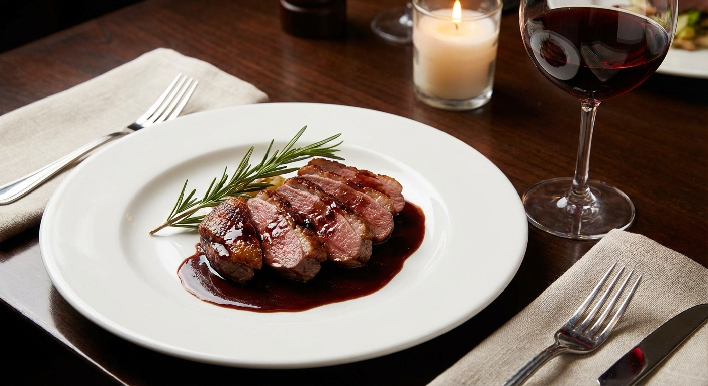 Seared duck breast slices with cherry reduction sauce paired with Pinot Noir wine