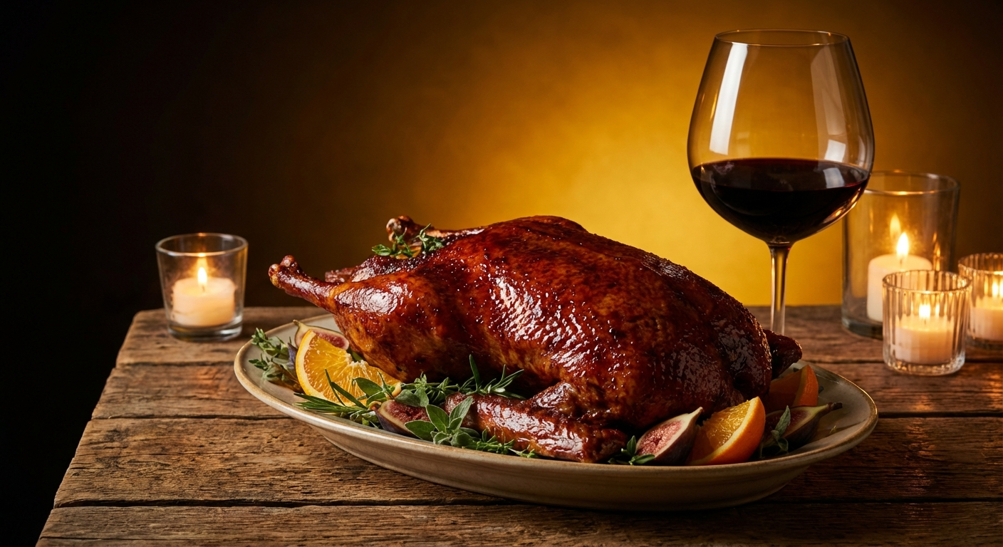Whole roasted duck with crispy lacquered skin on a platter paired with Syrah red wine