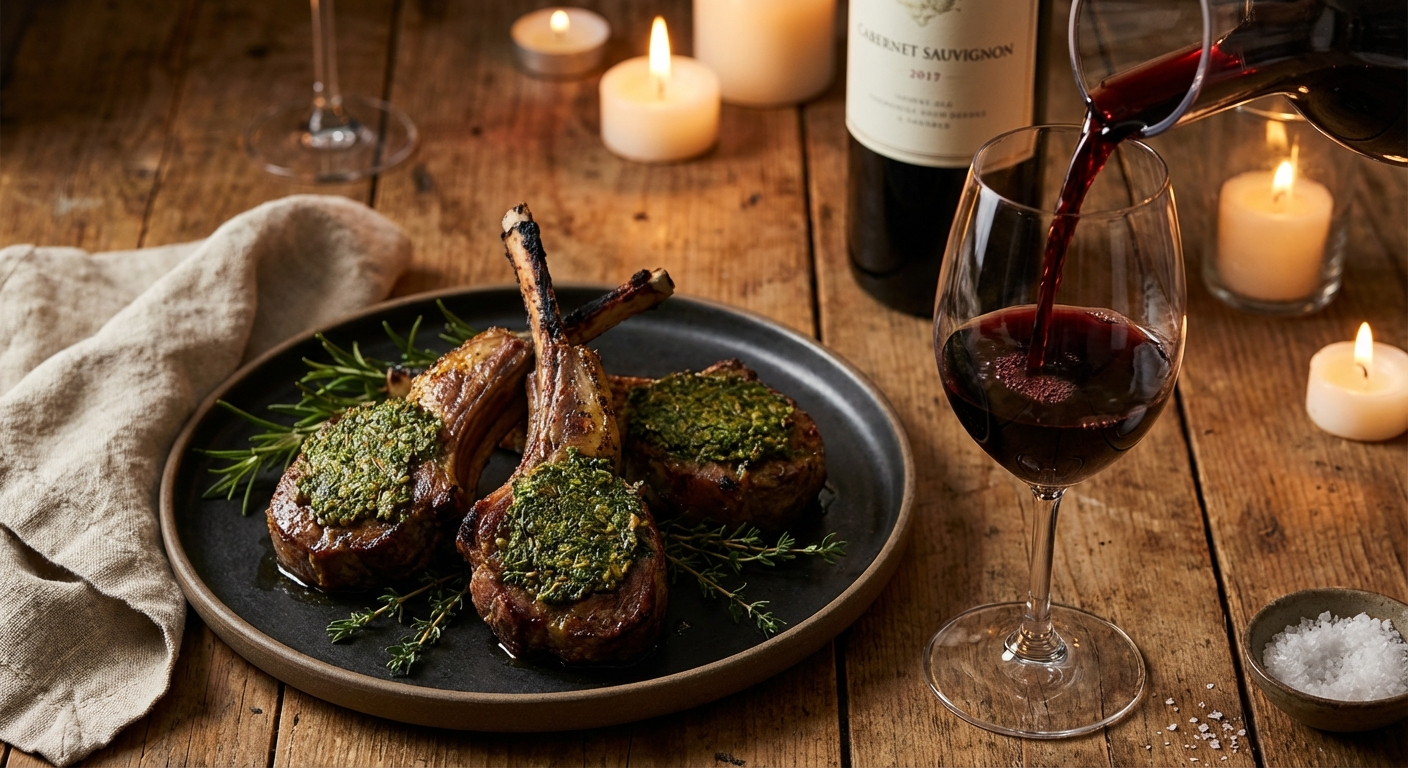 Grilled lamb chops with herb crust alongside a glass of rich Cabernet Sauvignon wine on a rustic wooden table