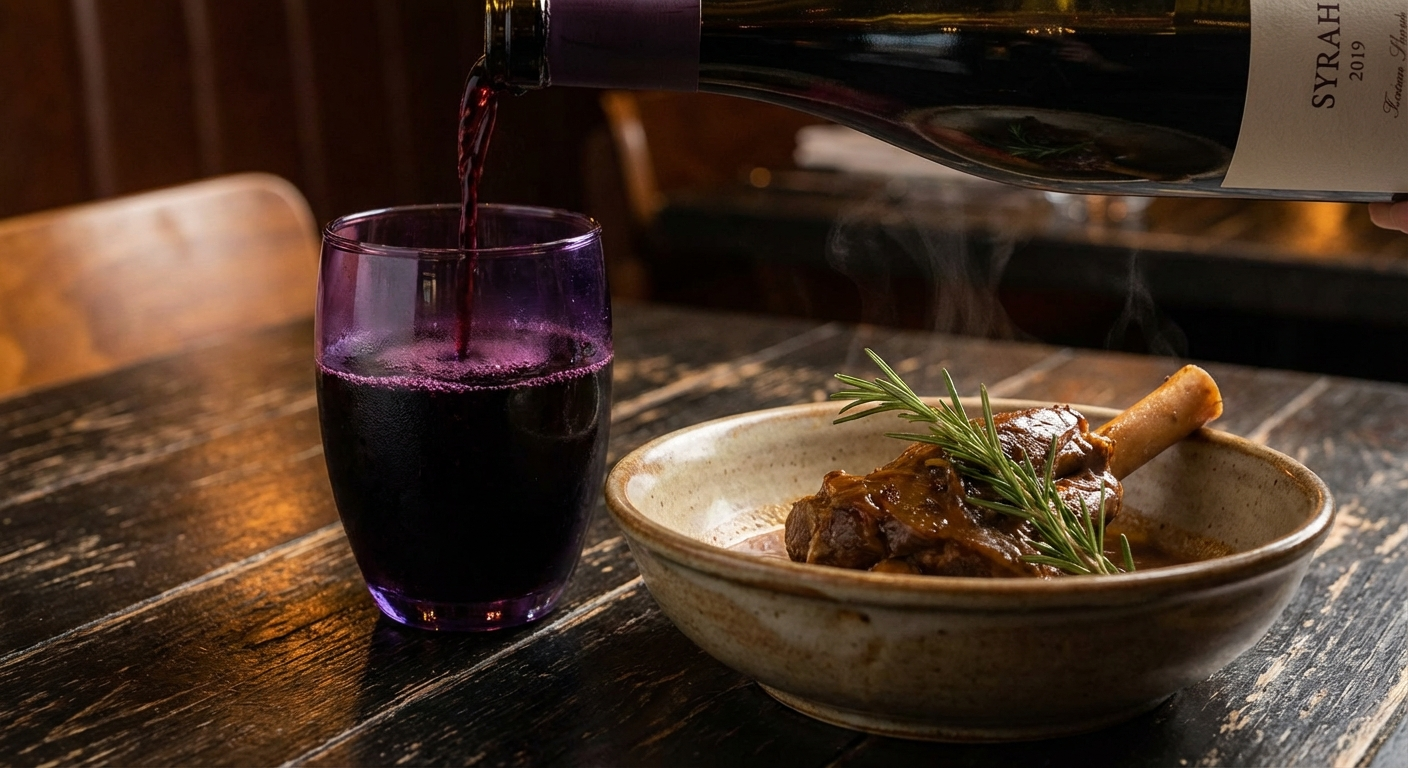 Glass of deep purple Syrah wine beside a braised lamb shank with rosemary garnish