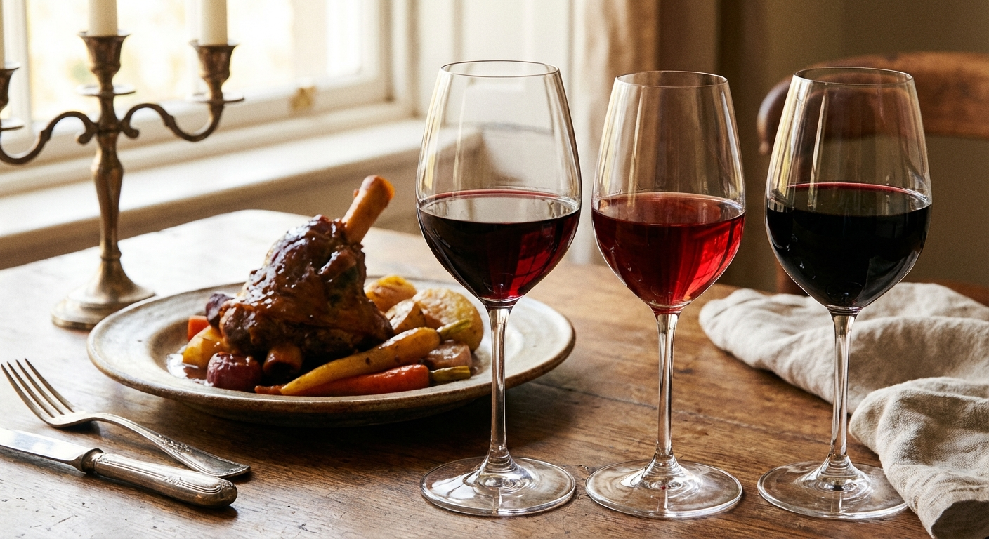 Three different red wines in glasses arranged beside a plated lamb shank in an elegant dining setup