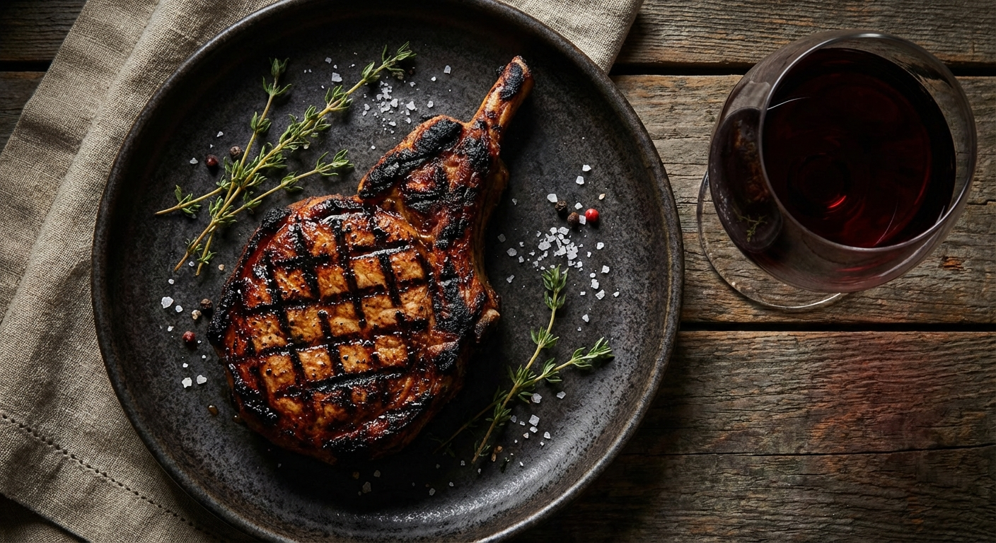 Grilled pork chop with crosshatch grill marks on a dark plate beside a glass of Pinot Noir wine with fresh thyme garnish