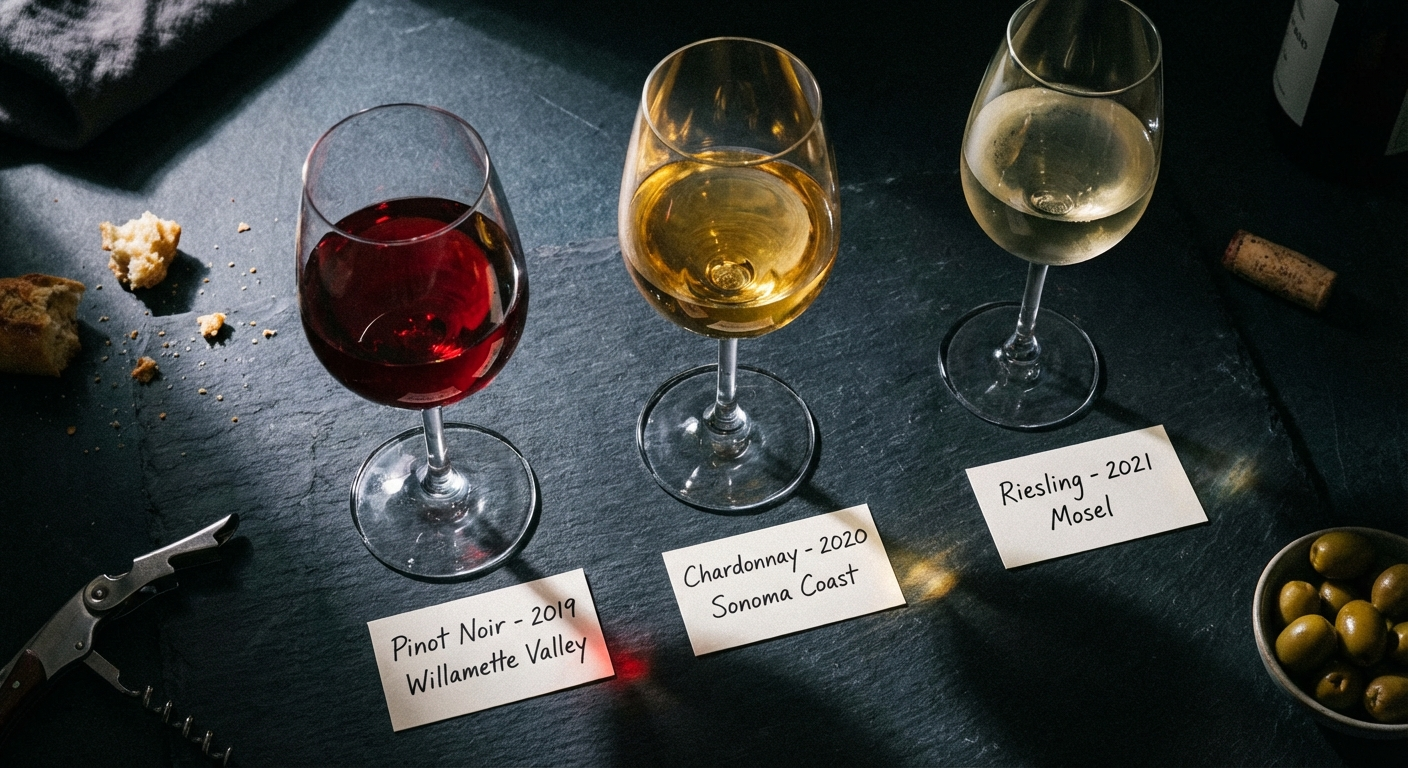 Three wine glasses on dark slate - ruby Pinot Noir, golden Chardonnay, and pale Riesling arranged for a pork tenderloin pairing tasting
