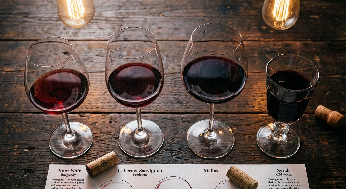 Four glasses of red wine showing color variation from light garnet Pinot Noir to deep ruby Cabernet and purple Malbec