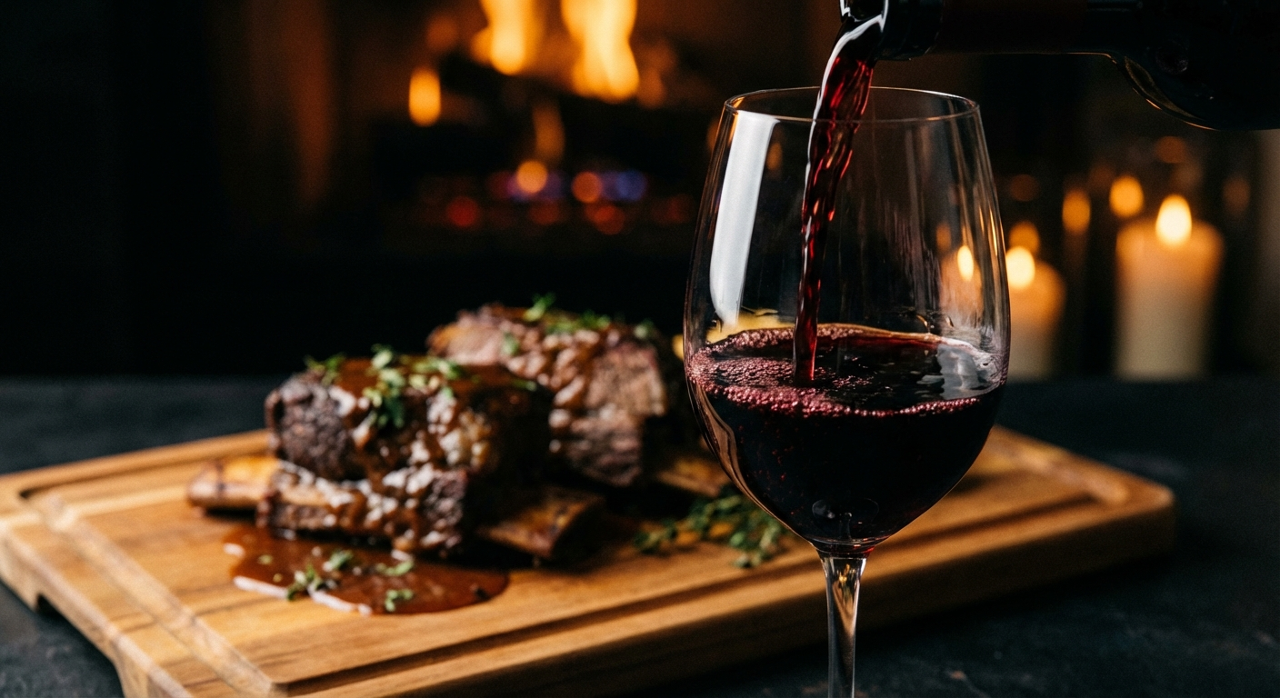 Deep ruby glass of Cabernet Sauvignon with braised beef short ribs on a cutting board in the background
