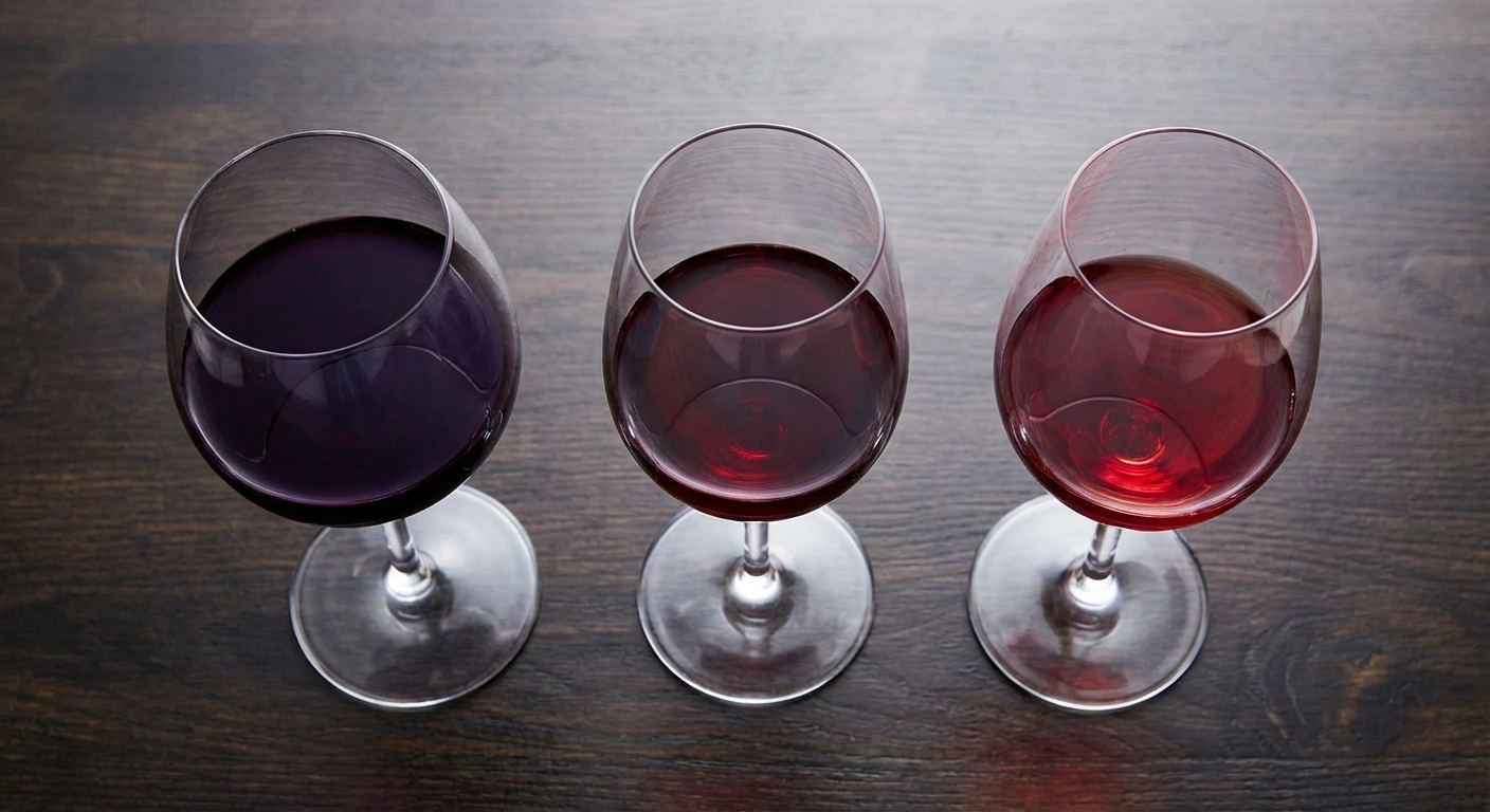 Three glasses of red wine showing color variation from deep purple Malbec to garnet Cabernet Sauvignon to lighter ruby Pinot Noir on dark wood