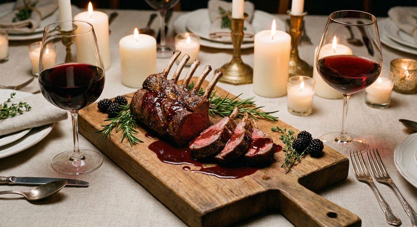 Venison rack chops with red wine reduction on a wooden cutting board with two glasses of red wine