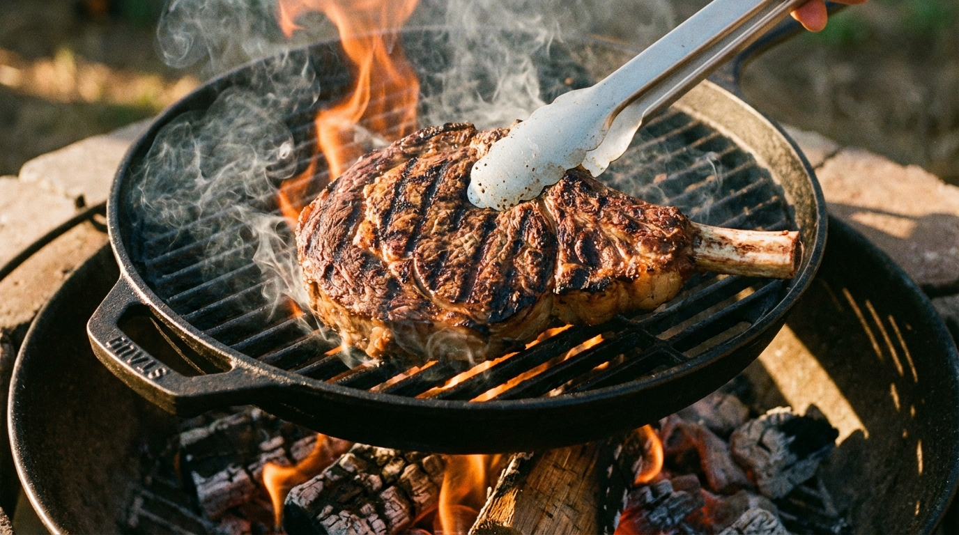 Ribeye steak grilling over glowing charcoal with visible smoke and char marks forming