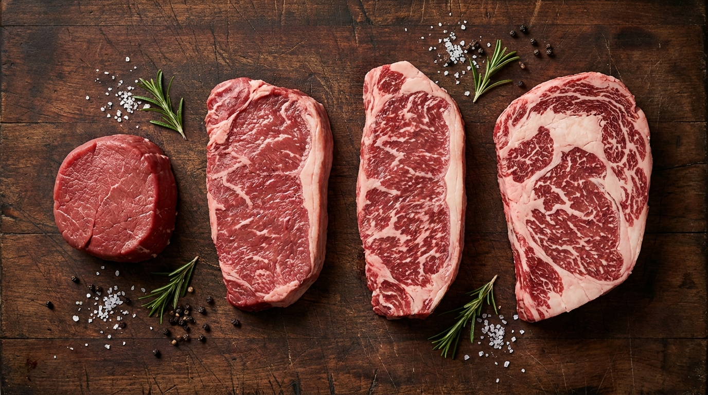 Four beef cuts arranged overhead showing marbling progression from lean to heavily marbled