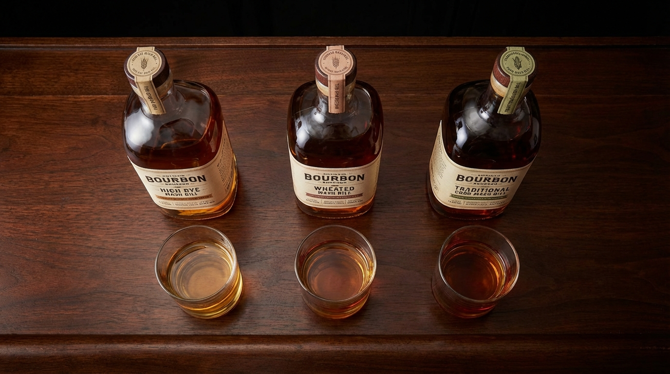 Three bourbon bottles showing different mash bill types with corresponding amber color variations