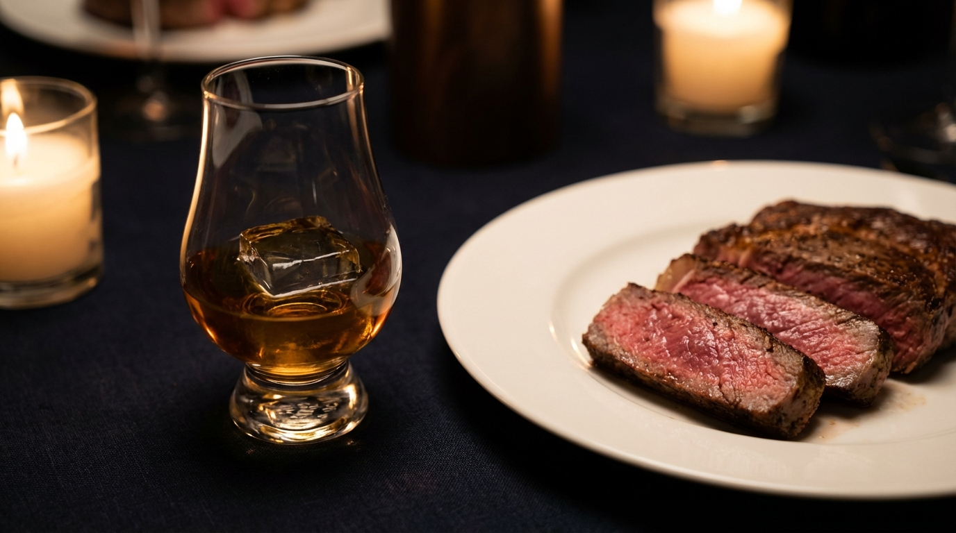 Bourbon in Glencairn glass with single ice cube alongside sliced medium-rare ribeye on white plate