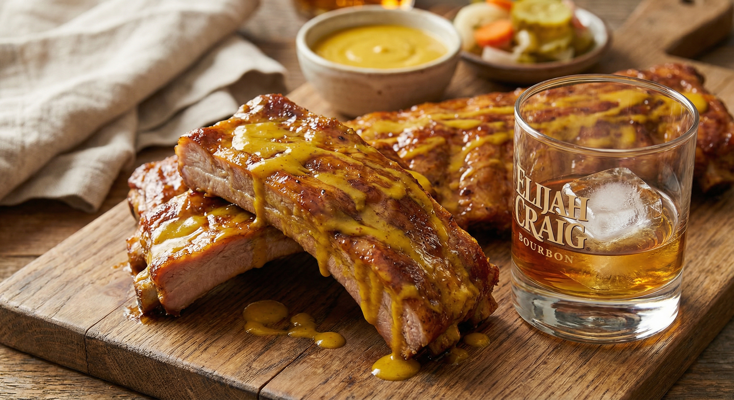 Carolina style pork ribs with yellow mustard sauce next to Elijah Craig bourbon glass