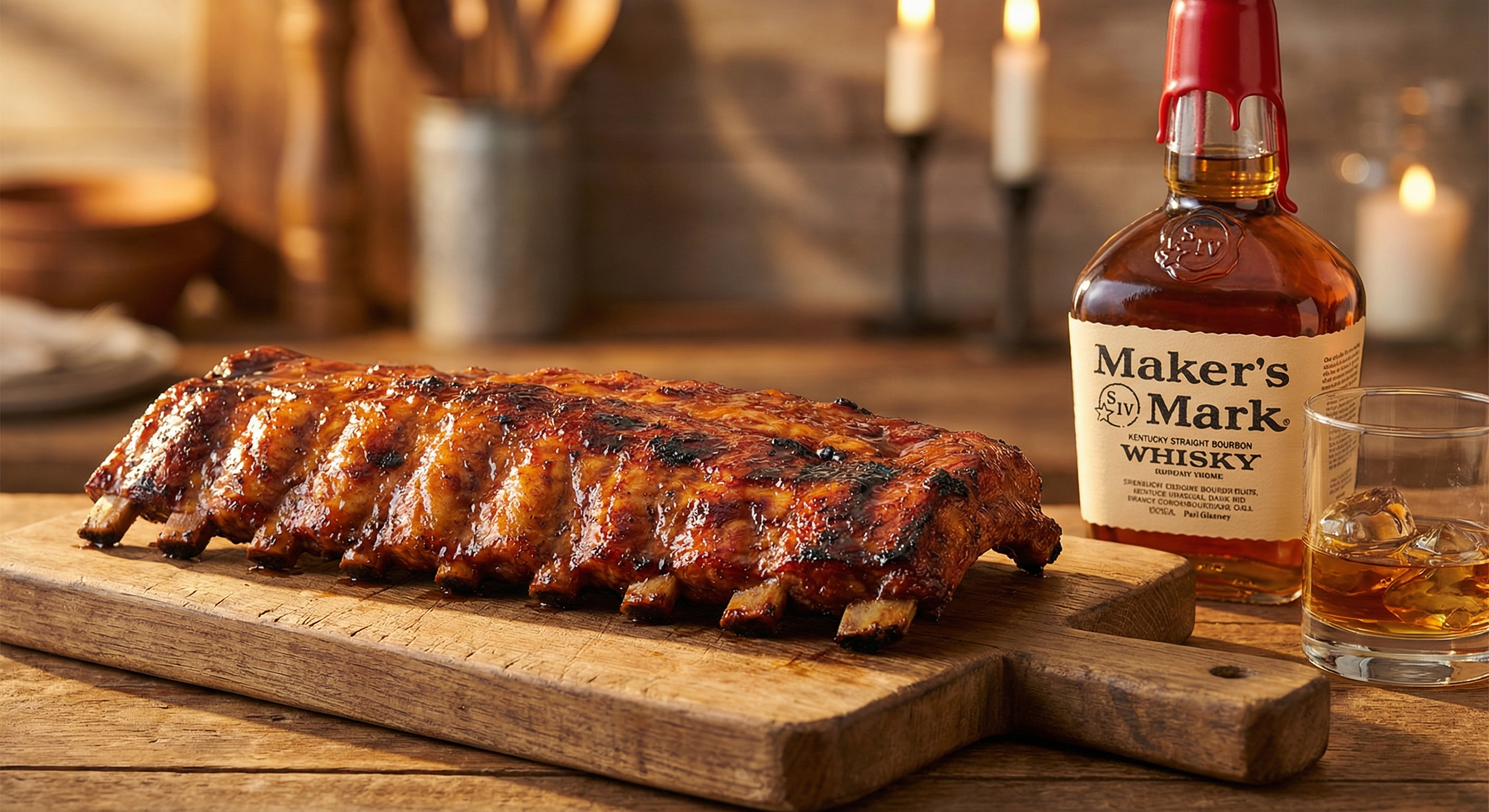 Honey glazed baby back ribs with shiny caramelized finish next to Maker's Mark bourbon bottle