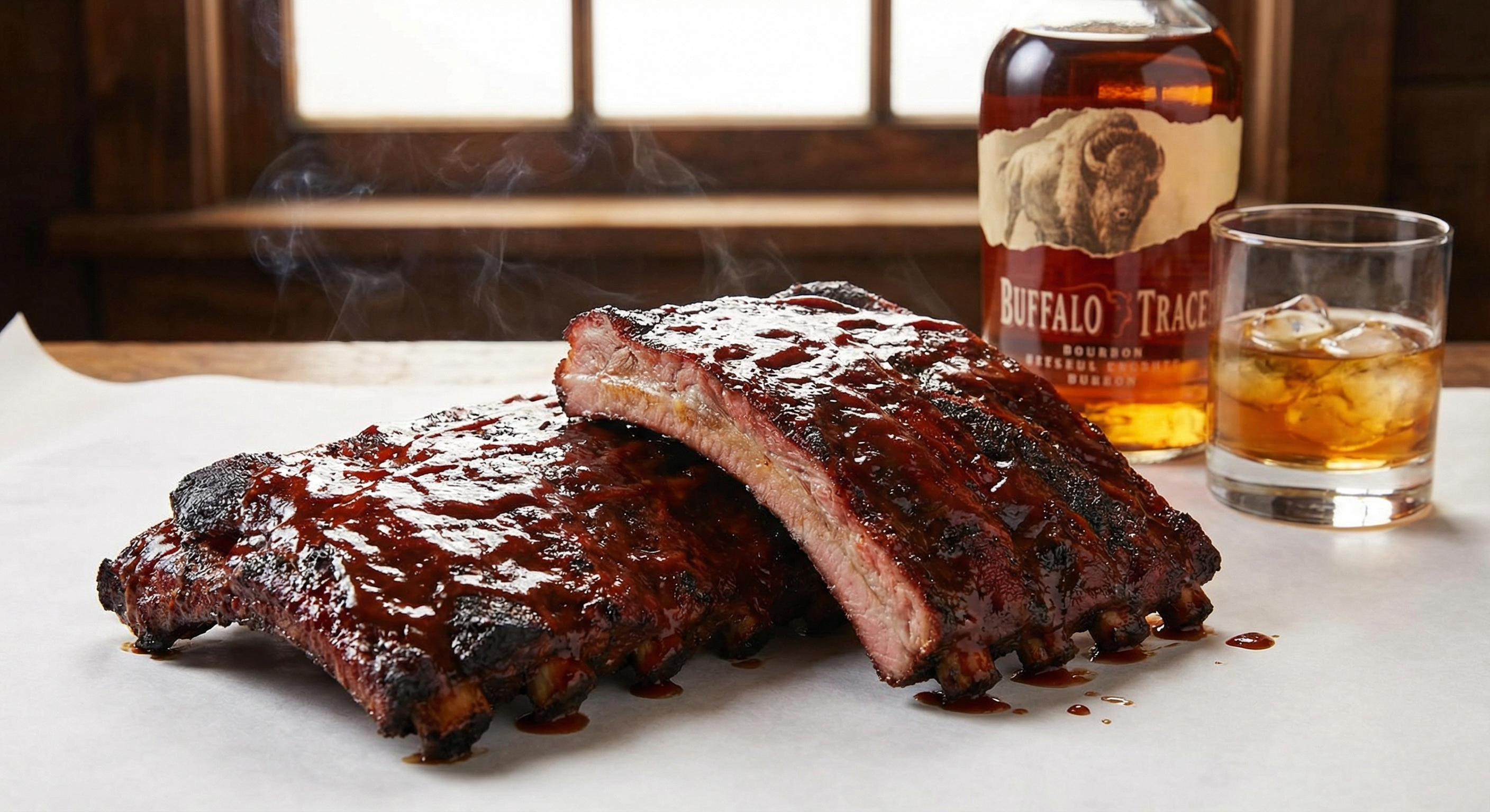 St. Louis spare ribs with thick Kansas City style BBQ sauce glaze next to Buffalo Trace bourbon bottle and glass