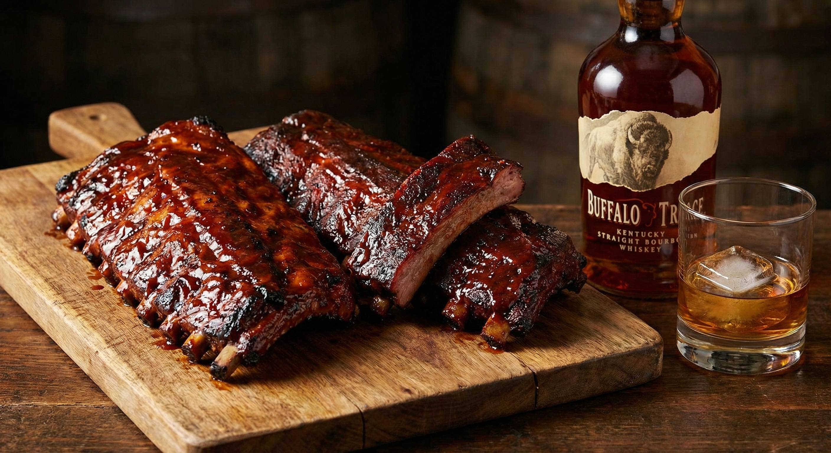 Kansas City style pork spare ribs with thick sweet BBQ sauce next to Buffalo Trace bourbon