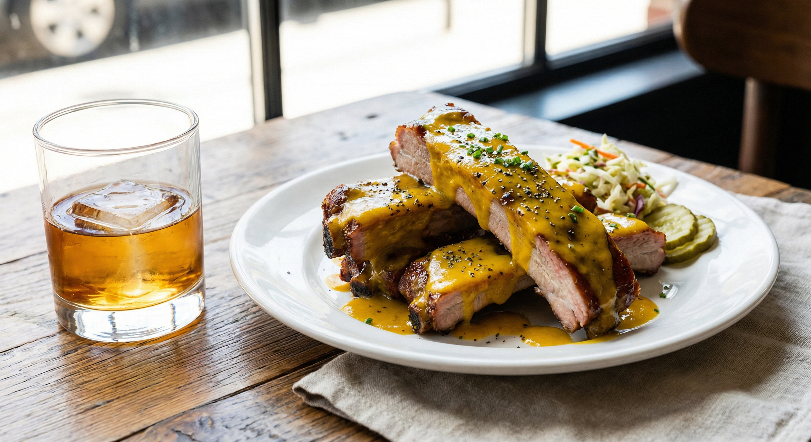 Carolina style ribs with yellow mustard sauce next to Elijah Craig bourbon glass