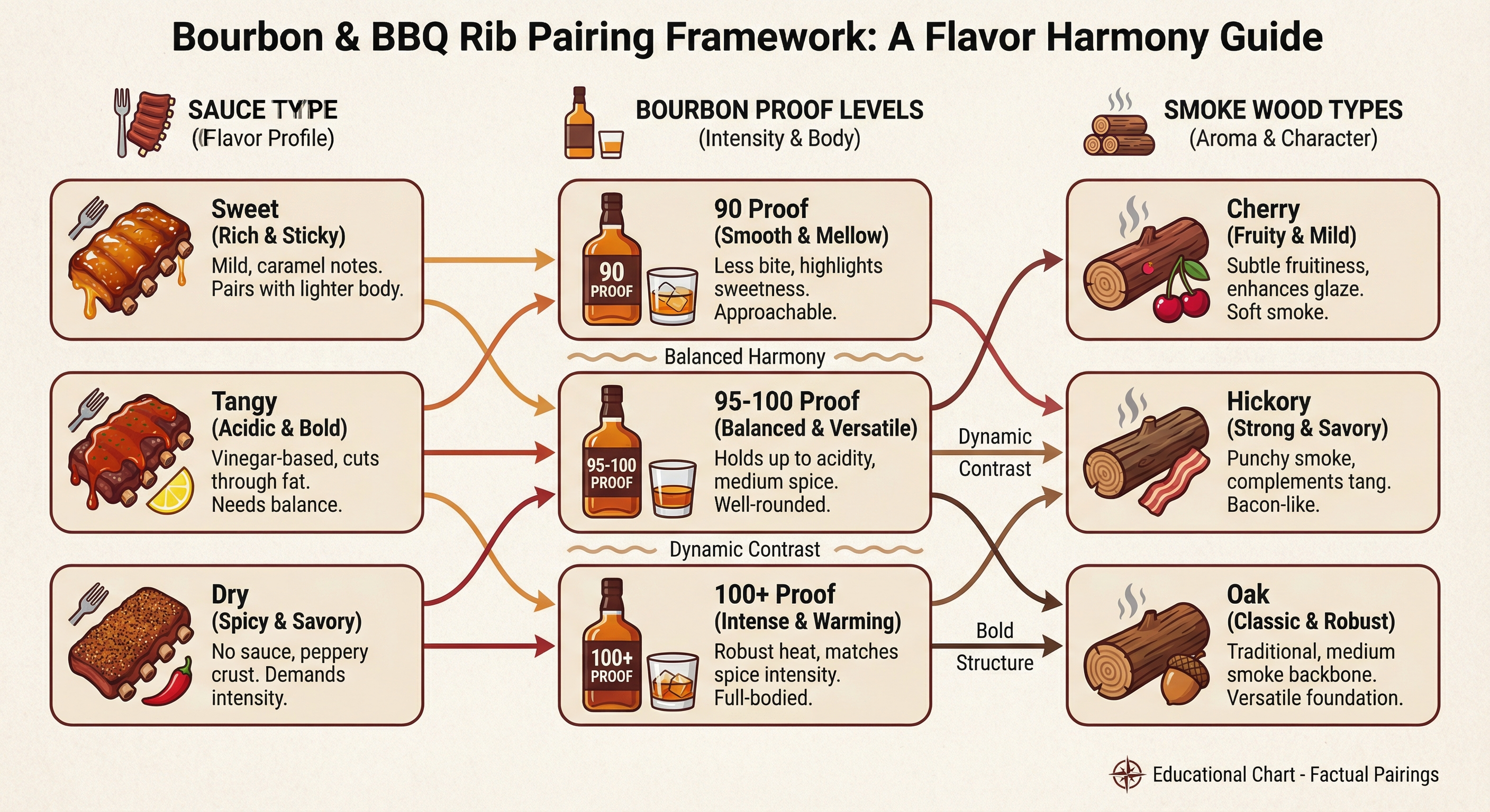 Infographic showing bourbon and BBQ rib pairing framework with sauce type, proof level, and smoke wood categories
