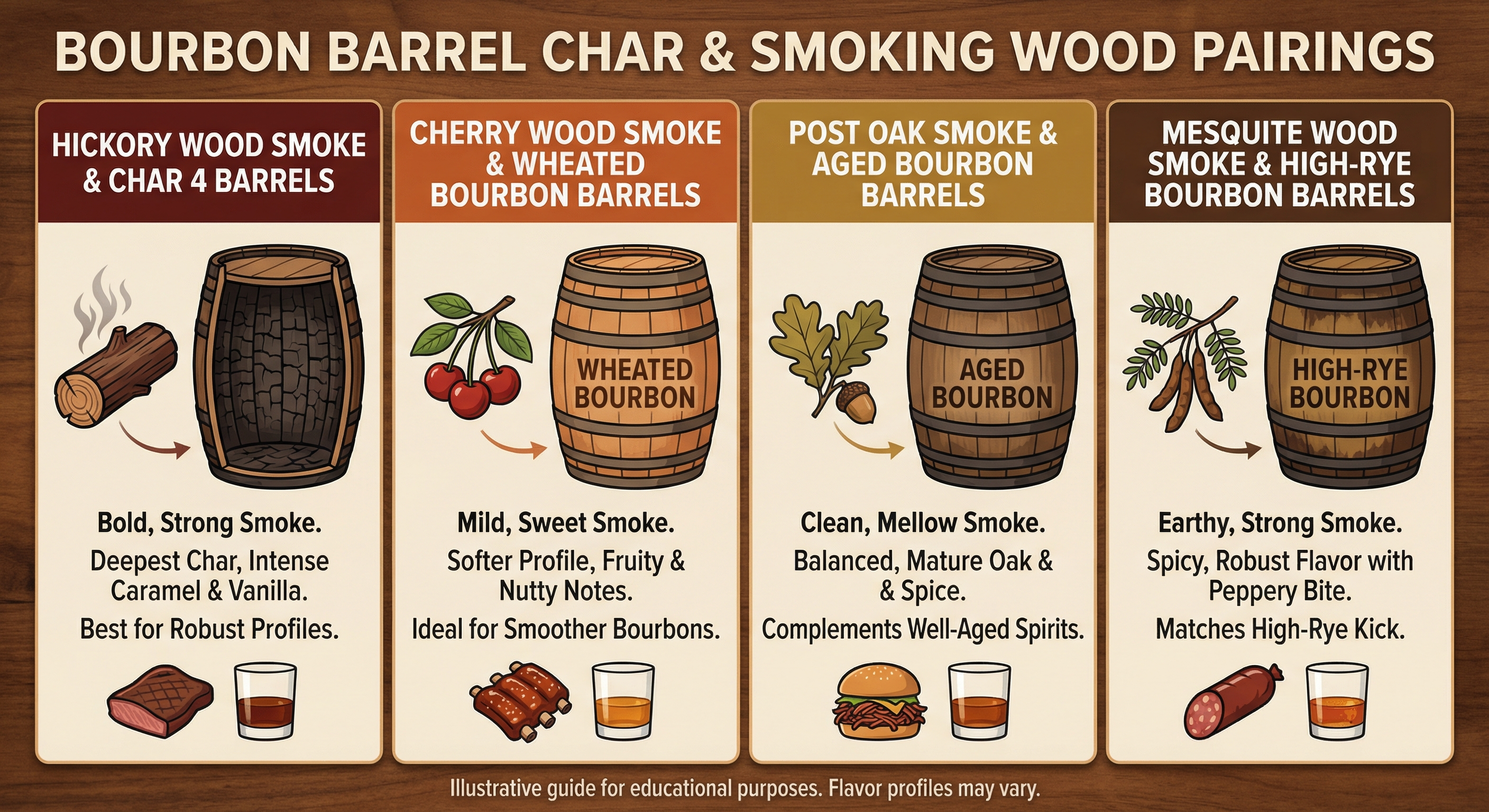 Chart showing bourbon and smoking wood pairings - hickory with char 4 barrels, cherry with wheated bourbon, post oak with aged bourbon