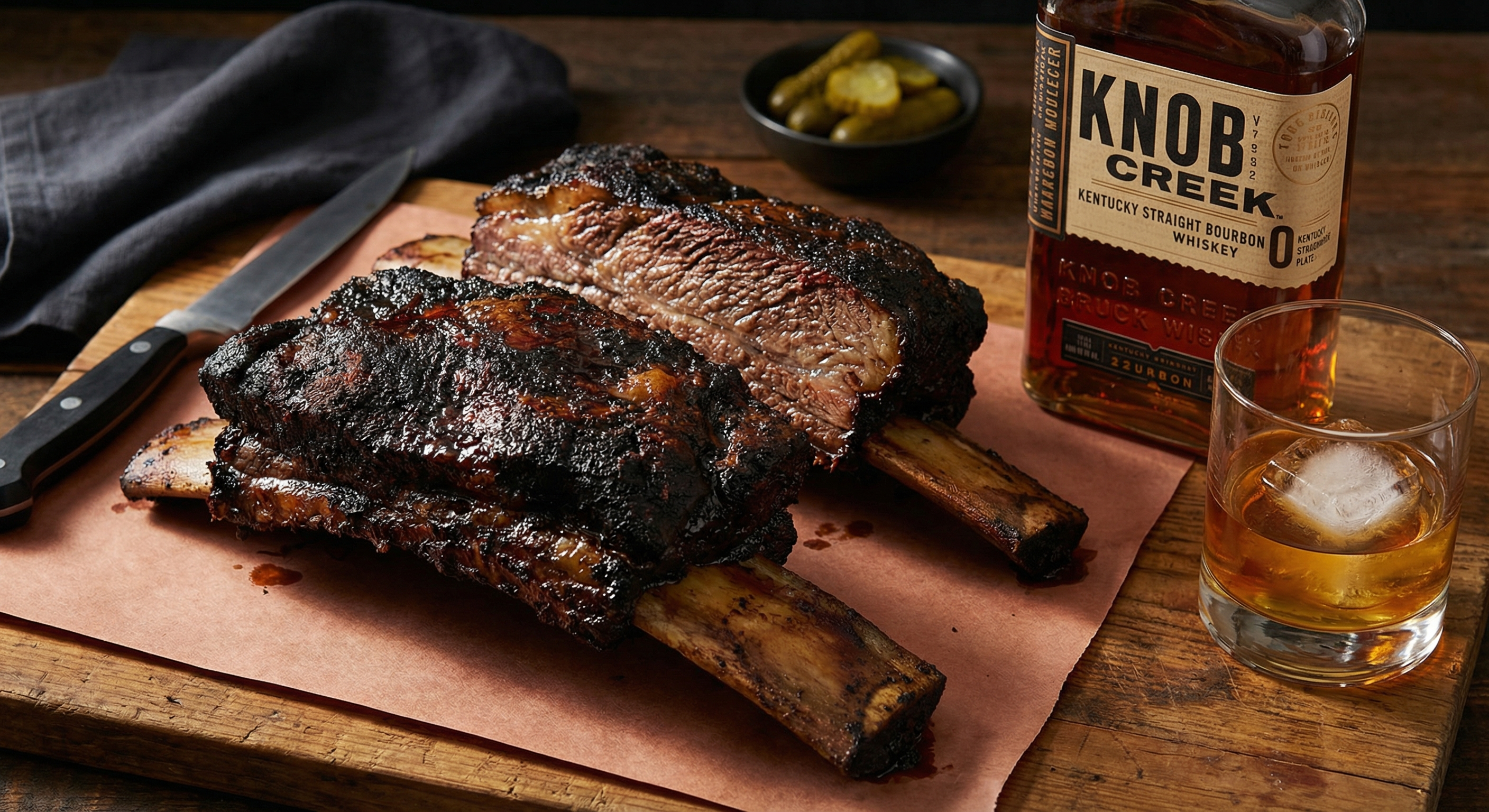 Texas style beef plate ribs with thick black bark next to Knob Creek bourbon bottle and glass