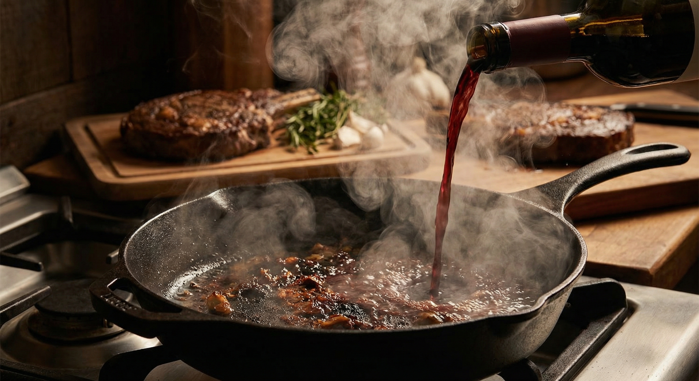 Close-up of golden-brown fond coating the bottom of a stainless steel pan after searing steak