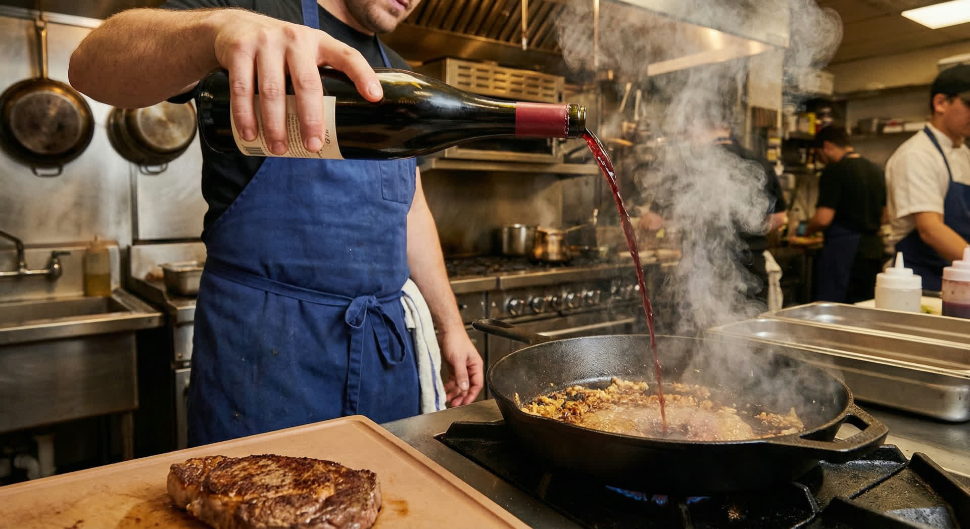 Chef adding stock to pan with visible fond, steam rising as liquid deglazes