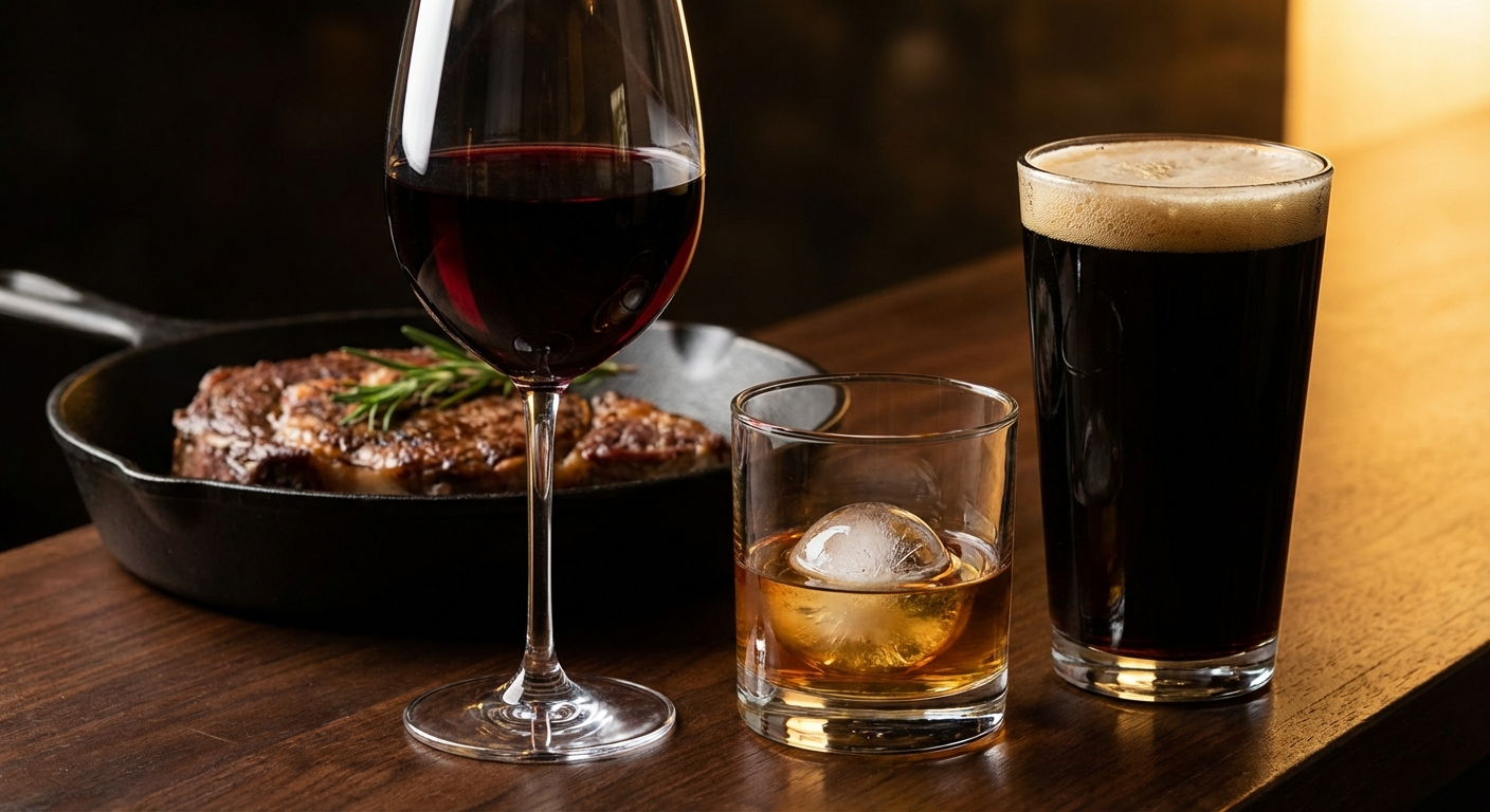 Three glasses of red wine, bourbon whiskey, and dark craft beer alongside a seared steak on cast iron