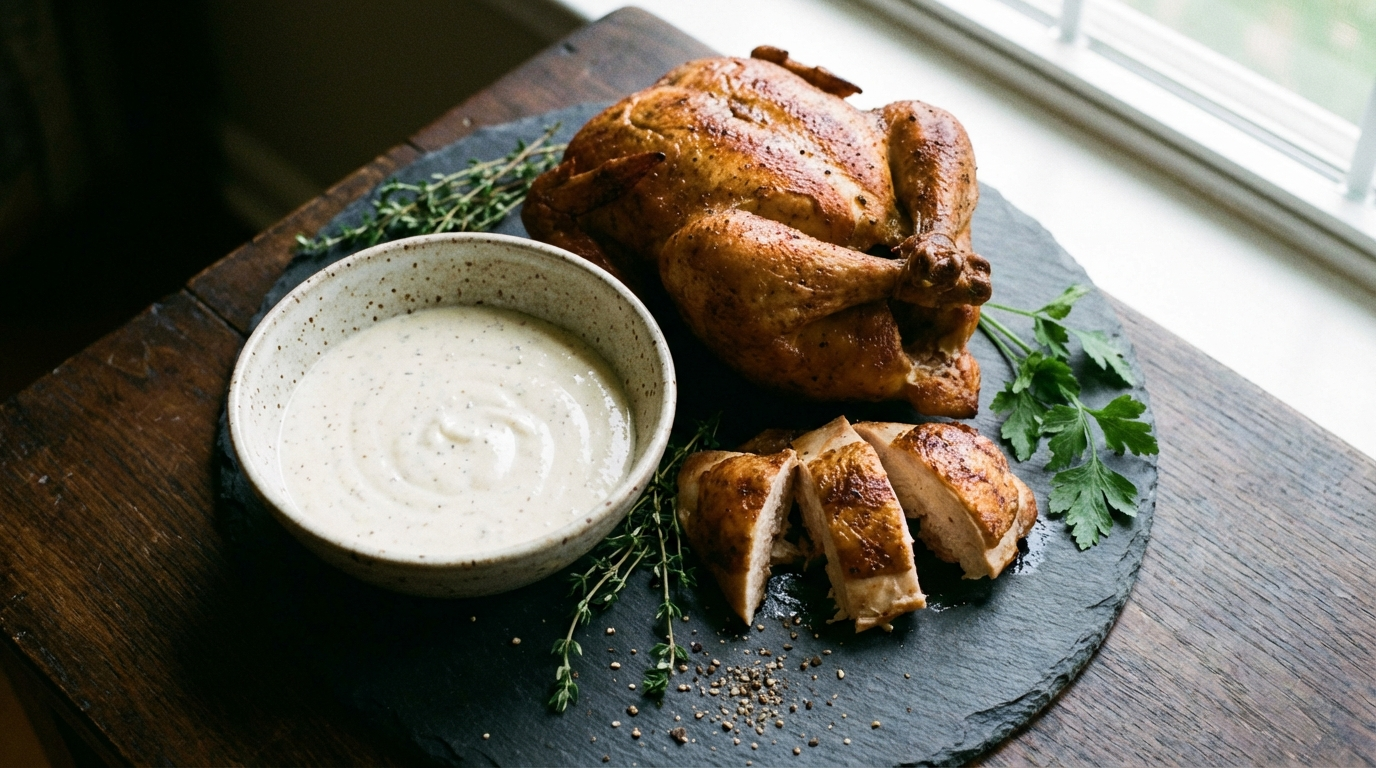 Creamy white Alabama BBQ sauce in a ceramic bowl alongside smoked chicken on dark slate