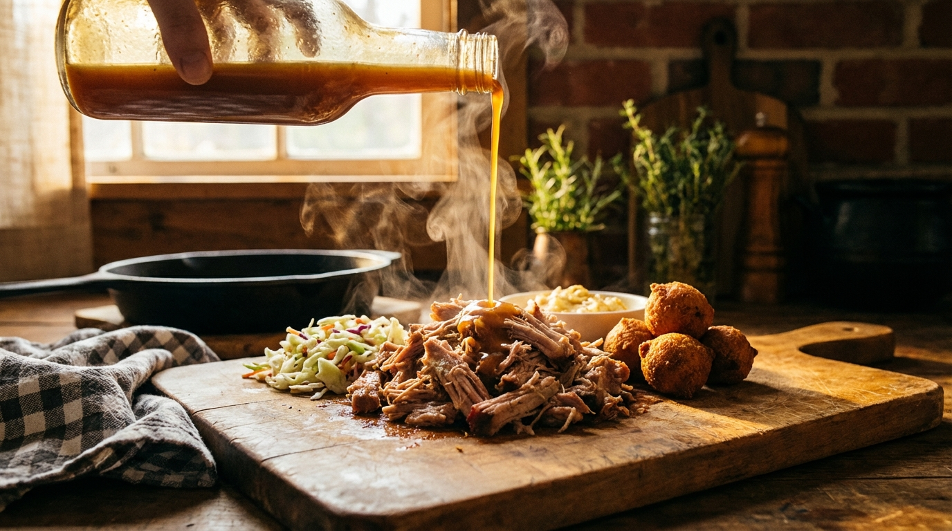 Thin amber Carolina vinegar sauce being poured over pulled pork on a wooden cutting board