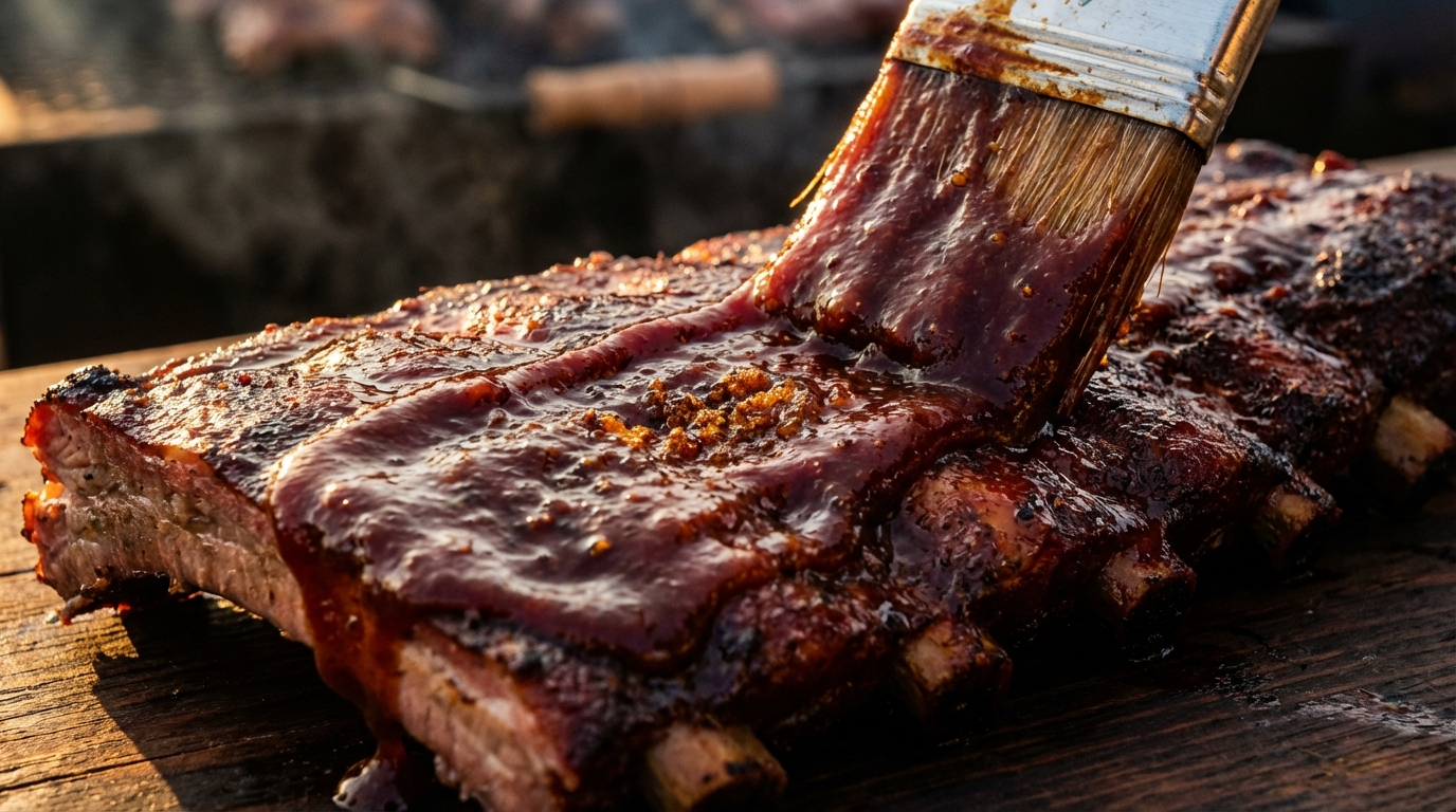 Thick Kansas City BBQ sauce being brushed onto smoked pork ribs with caramelized glaze