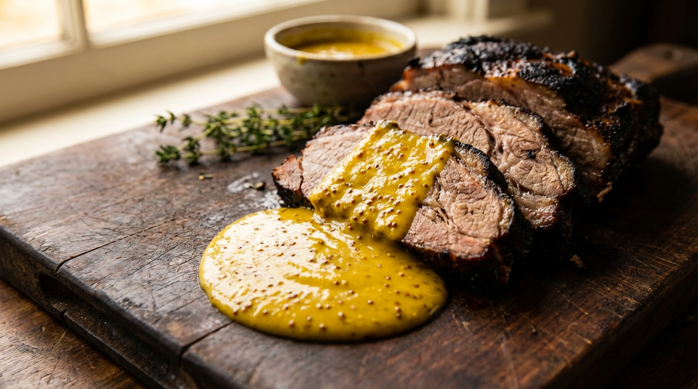 Golden South Carolina mustard BBQ sauce next to sliced smoked pork on a rustic board