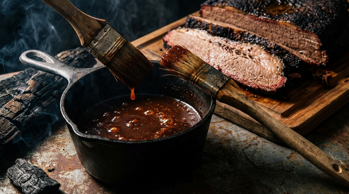 Dark Texas mop sauce in a cast iron pot with basting brush and smoked brisket in background