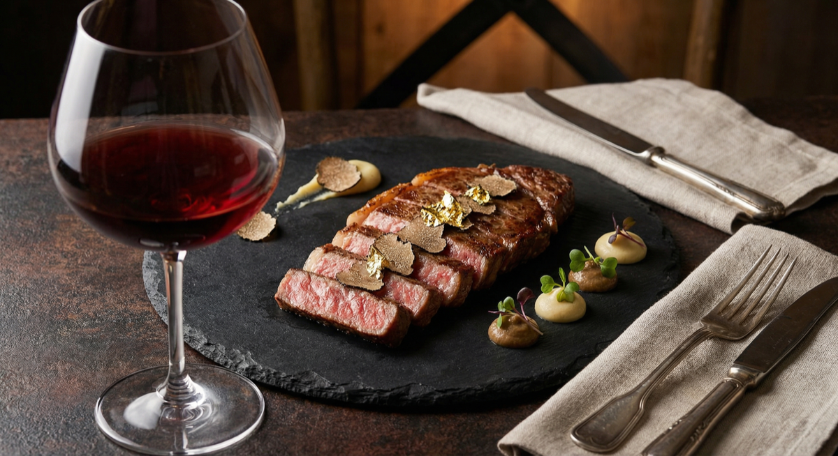 Wine glasses and bottles paired with wagyu beef