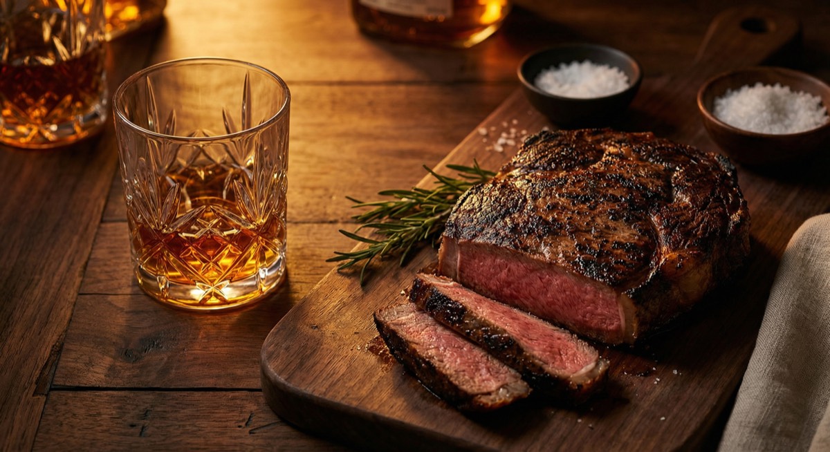Aged bourbon in a crystal glass next to a perfectly seared ribeye steak on a dark wooden table