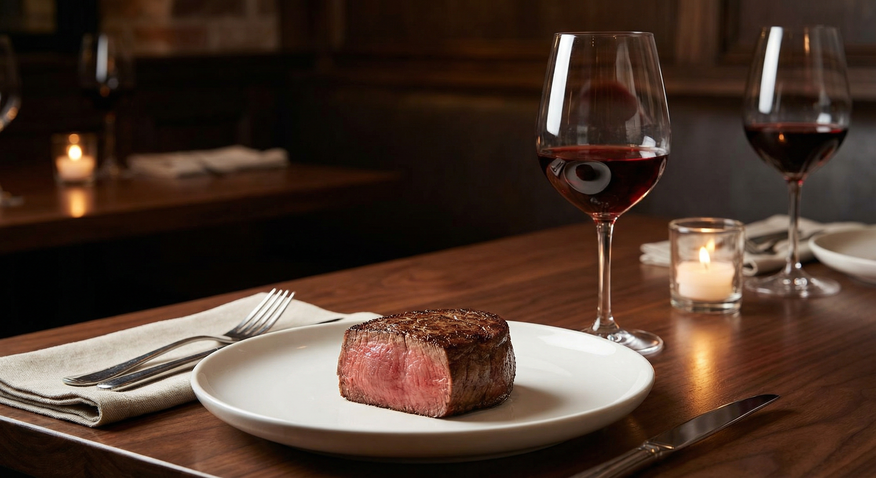 Premium wagyu filet mignon steak with a glass of elegant Pinot Noir wine