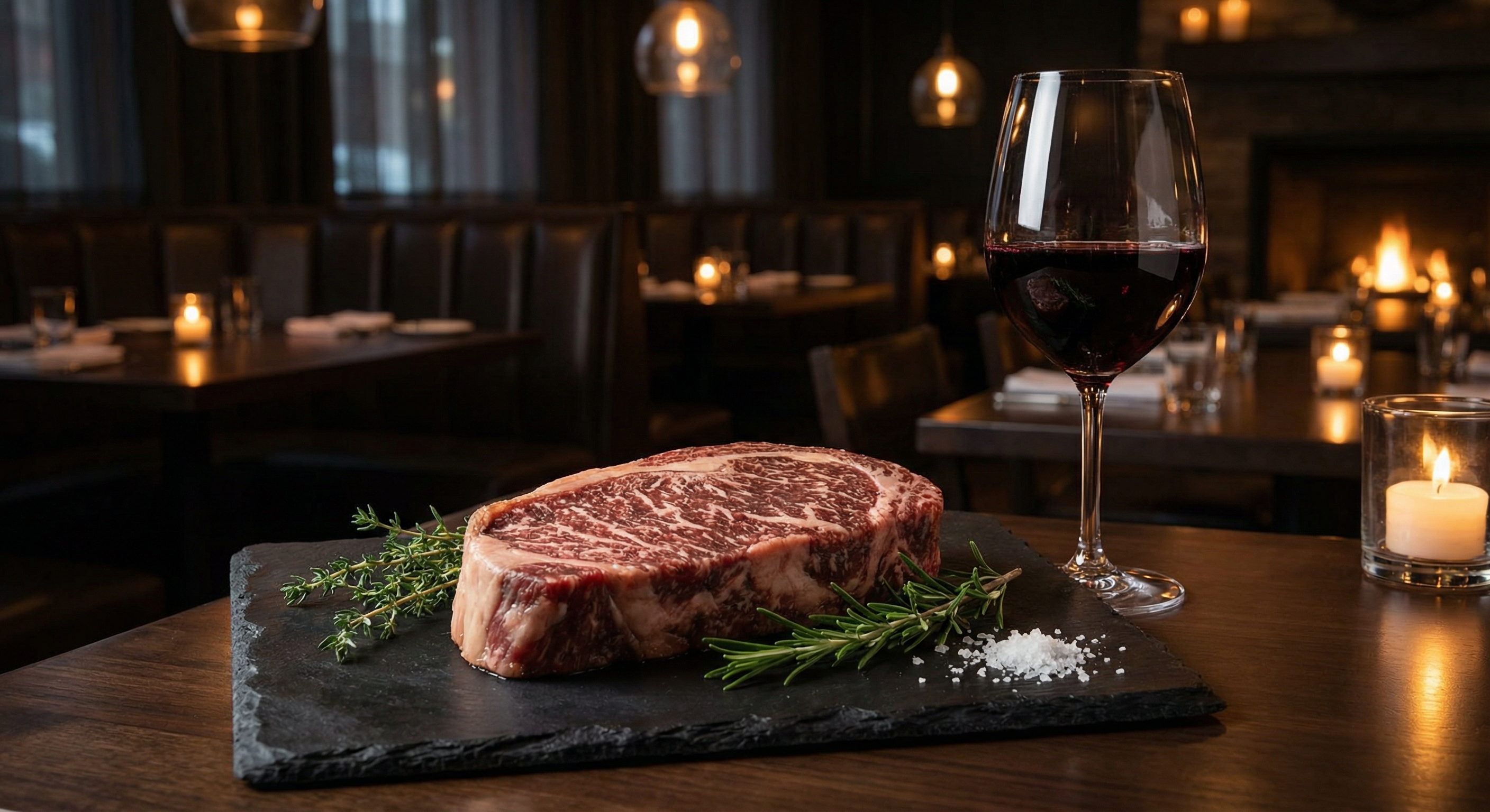 Wagyu New York strip steak with beautiful marbling next to a glass of velvety Malbec wine