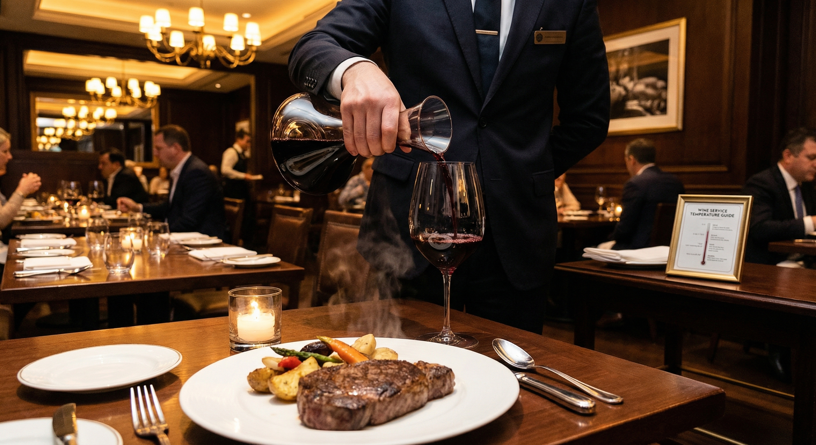 Wine decanter and rich red Syrah with wagyu steak in elegant dining setting
